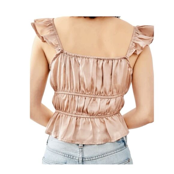 Forever 21 Satin Ruffle Trim Tie Front Top Pale Peach Square Neck Cropped S - Picture 3 of 9